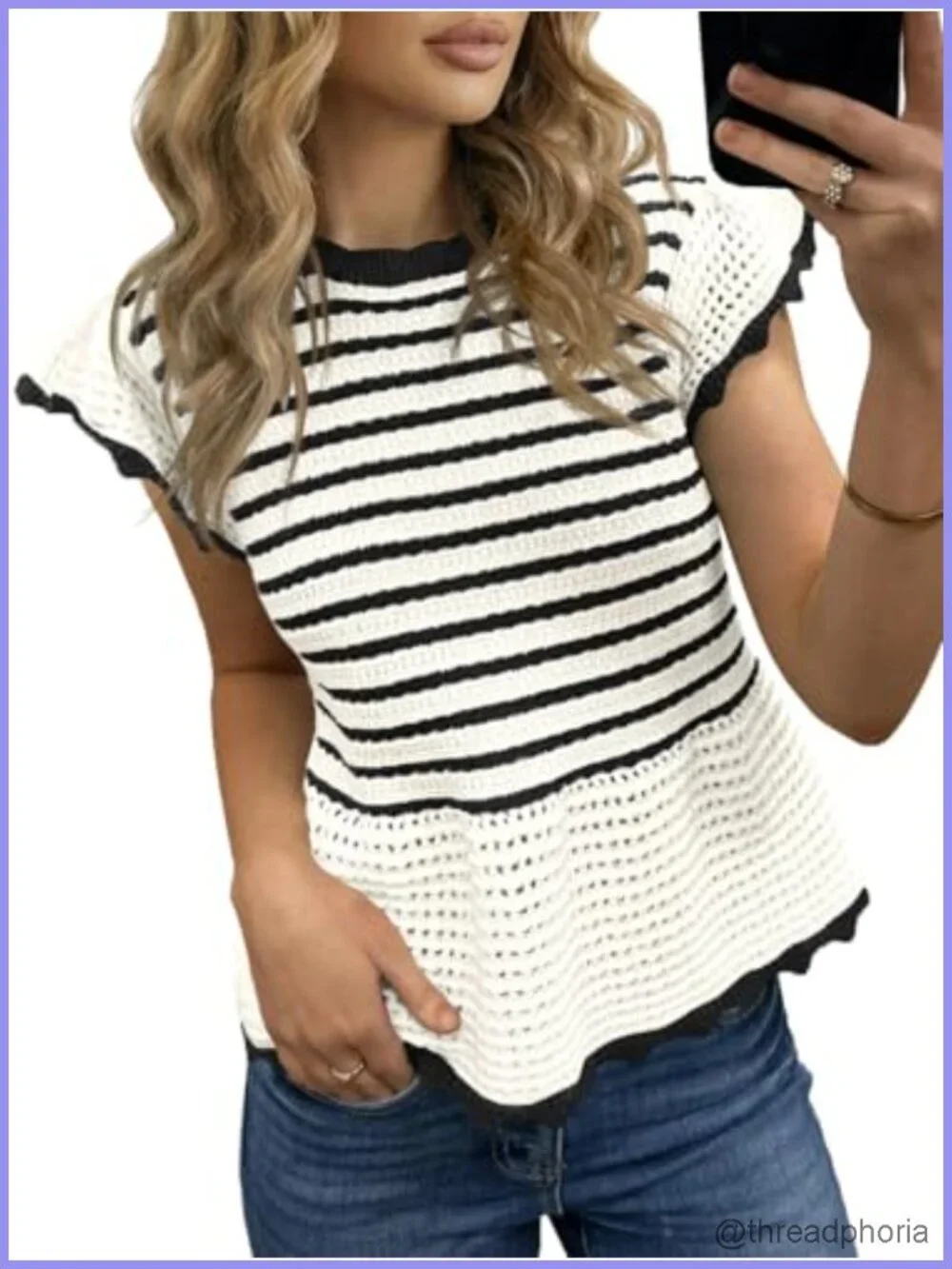 Womens Ruffle Cap Sleeve Sweater Tops Crochet Knit Striped Crew Neck Summer